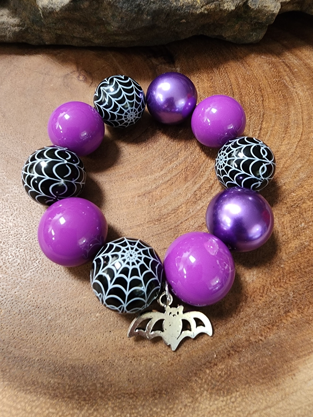 Chunky Stretch Bracelet with Purple & Spider Web Beads & Bat Charm
